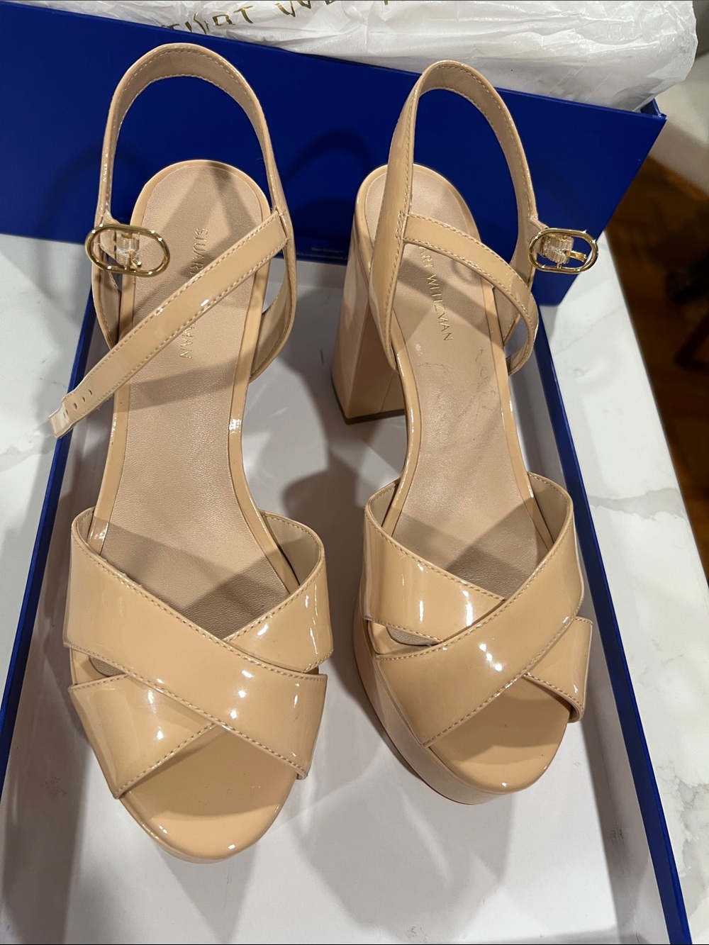 Stuart Weitzman Patent Leather Nude Platform Sandals